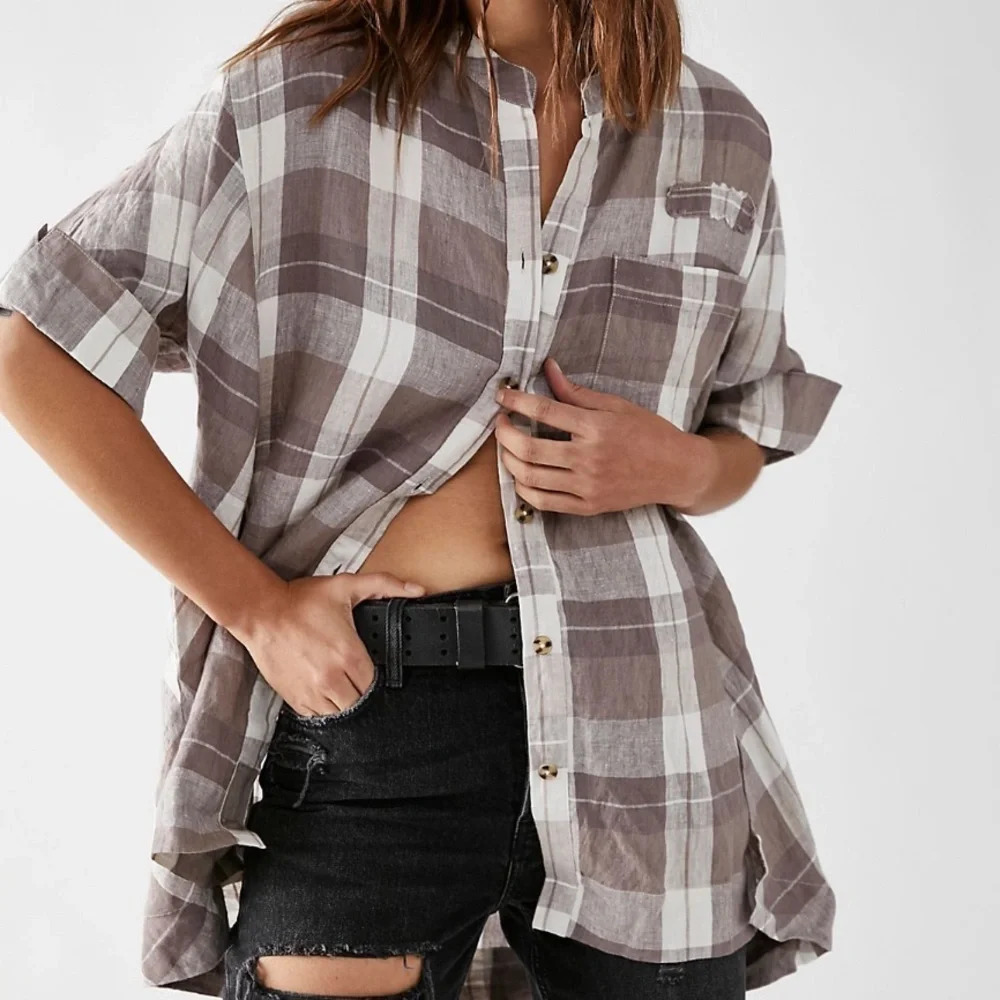 We The Free Plaid Short Sleeve Top - Brown and White
